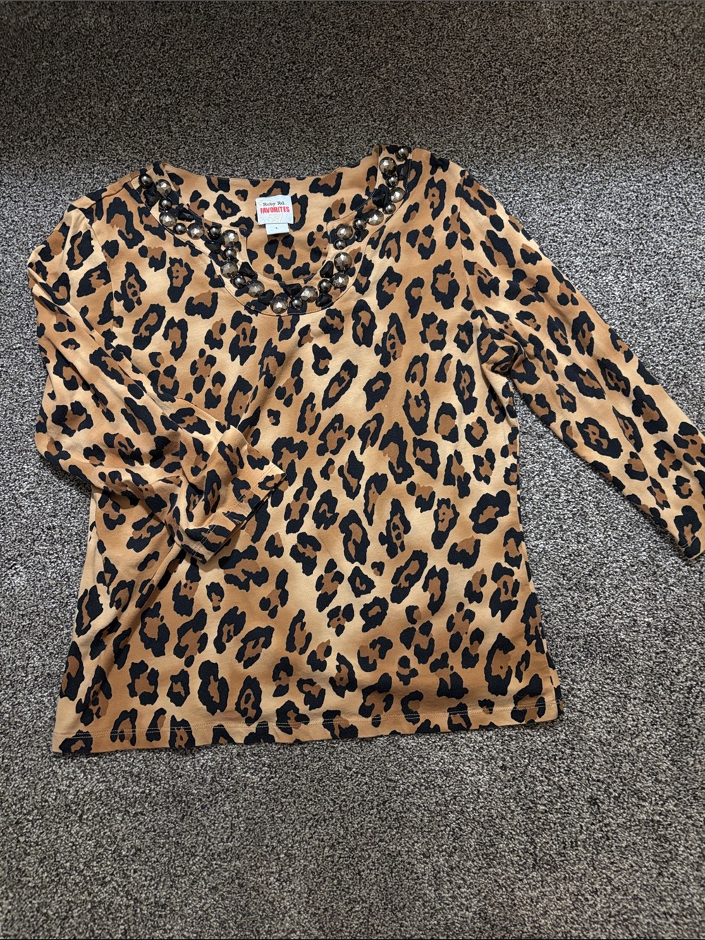 Ruby Rd. Leopard Print Long-Sleeve Top with Beaded Neckline - Tan/Black